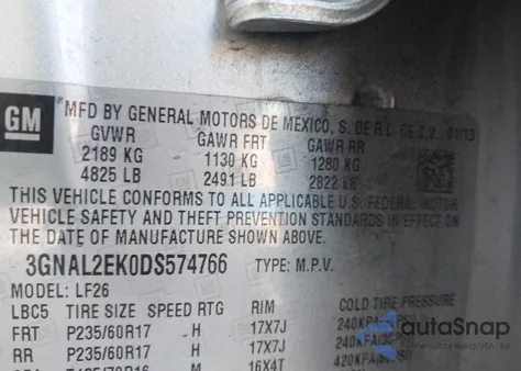 2013 Chevrolet Captiva Sport 2Ls из США, поврежденный, VIN 3GNAL2EK0DS574766